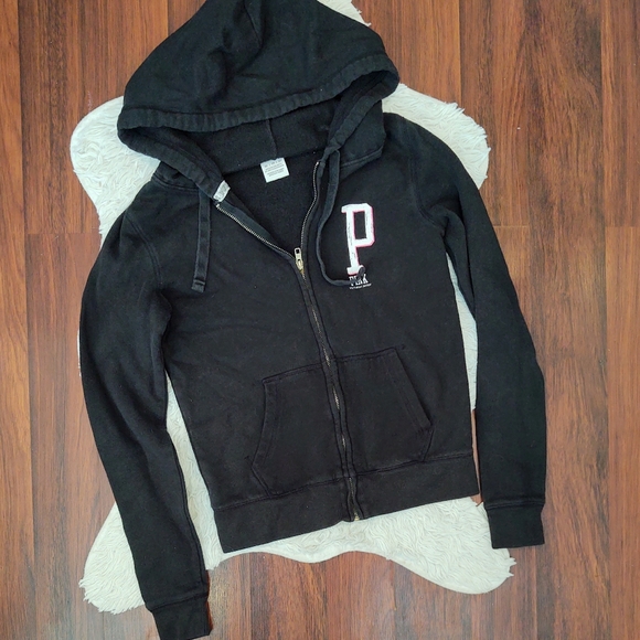 PINK Victoria's Secret Tops - PINK Victoria's Secret Black Zip Up Hoodie with P Print